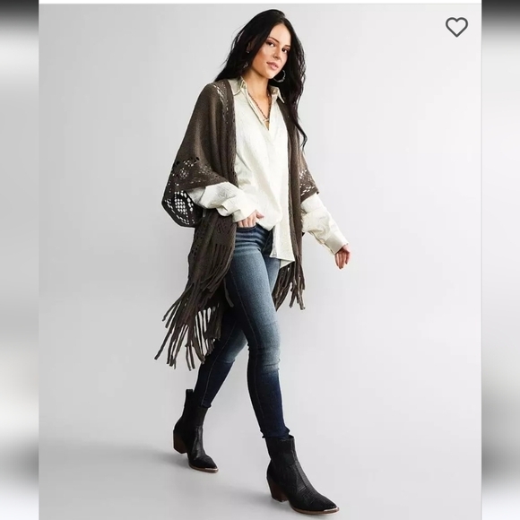 BUCKLE BLACK FRINGE CARDIGAN SWEATER OPEN FRONT MAJOR BROWN WOMEN OS BOHO LAYER - Picture 13 of 13